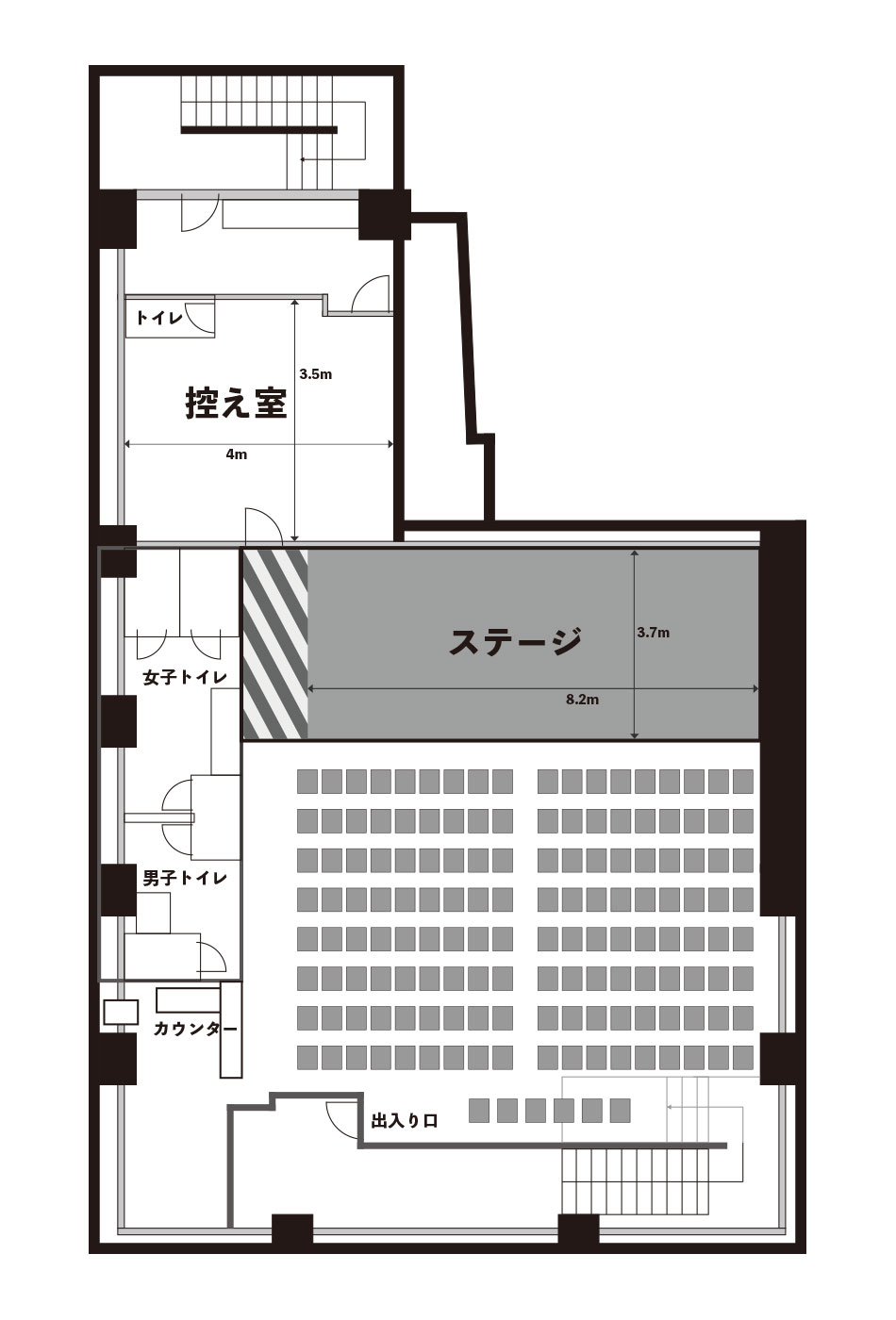 対面型に椅子を配置したレイアウトのライブハウス・イベントスペース・レンタルスペース